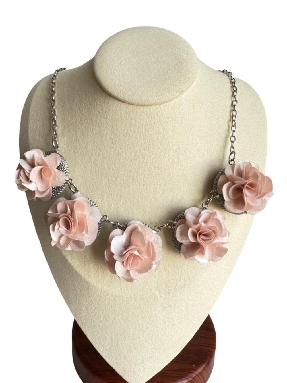 Pink Fabric Rose Necklace Silver Tone Chain Bold Floral Statement Bib Jewelry